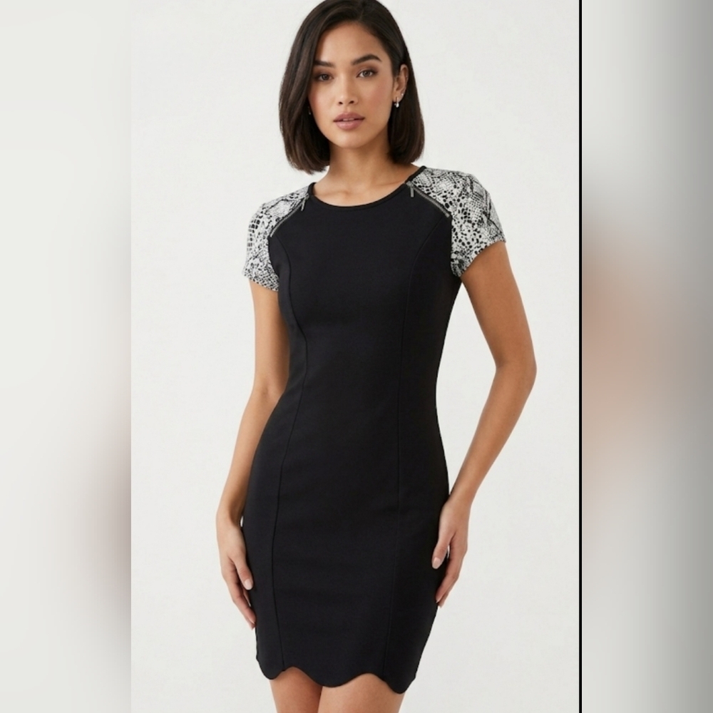 Dex Black and White Mini Dress with Patterned Sleeves